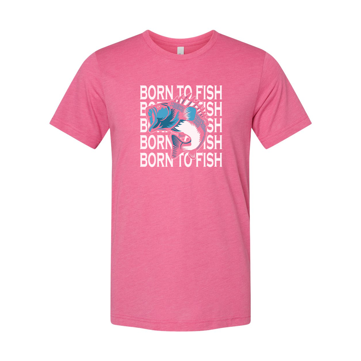 Unisex Fishing Graphic T Shirt With Born To Fish Repeating Text And Blue Angler Fish Illustration
