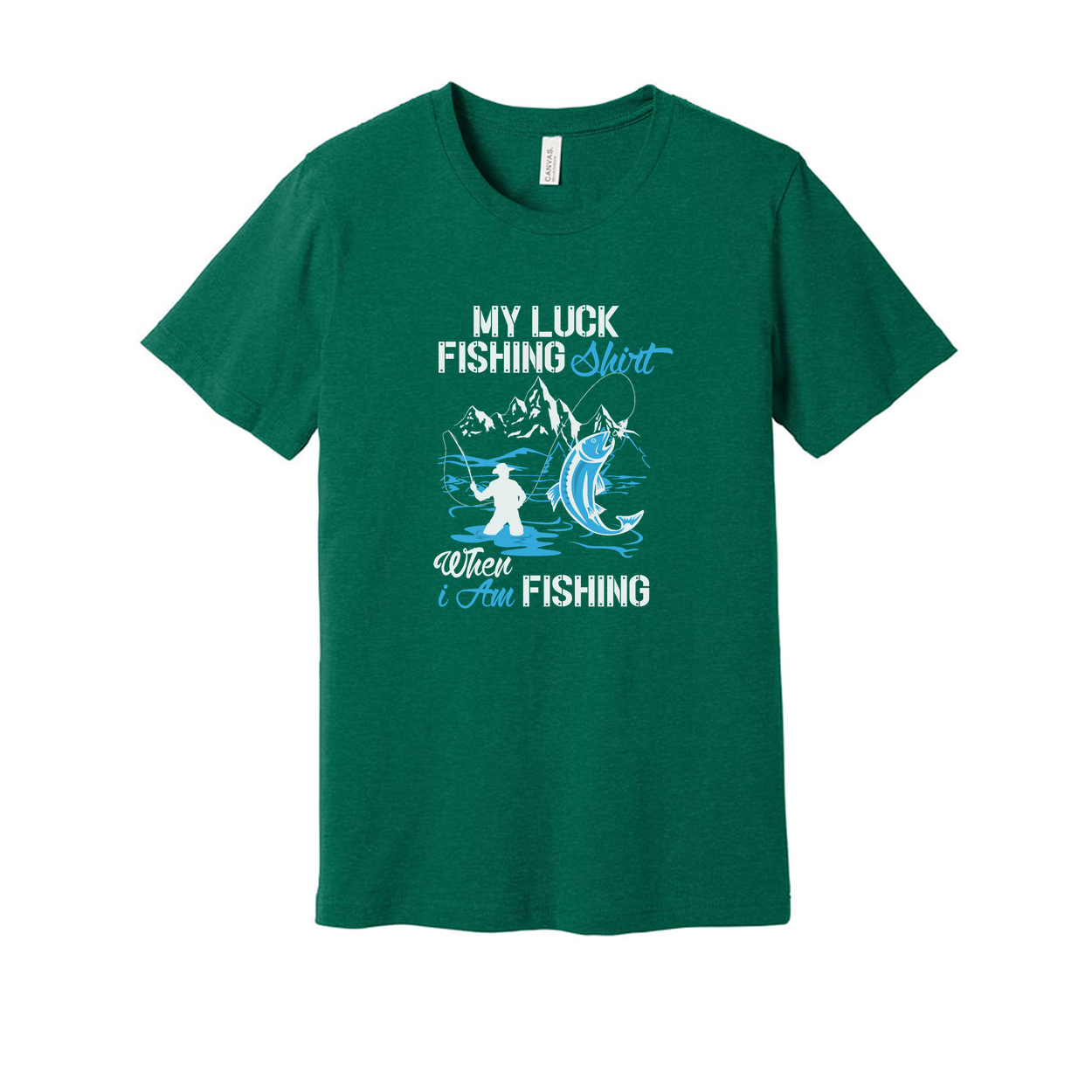 Unisex My Luck Fishing Graphic Tee With Mountain Scene And Angler Silhouette Design