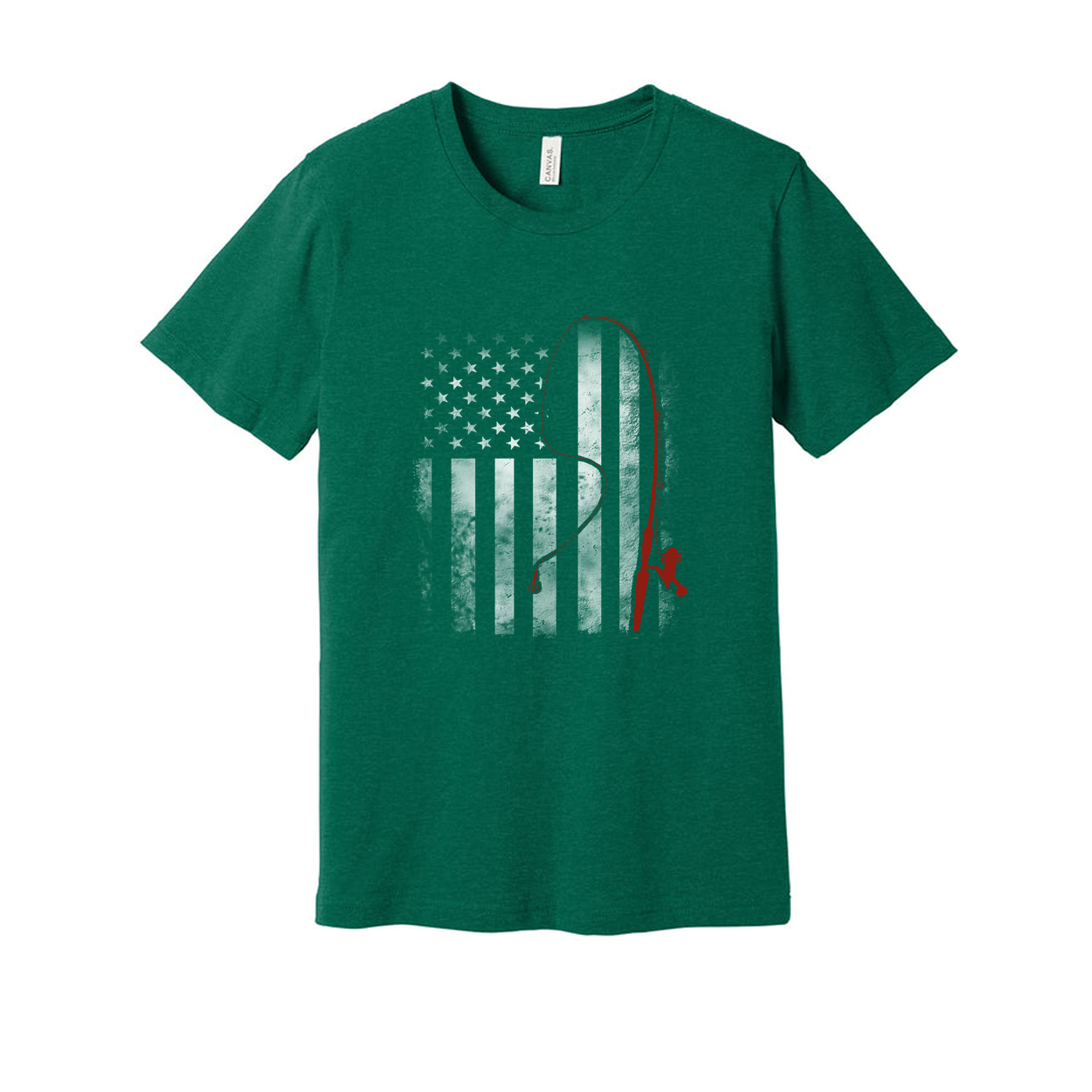 Unisex Fishing T Shirt With Red Fishing Rod Silhouette Over Subtle American Flag Graphic