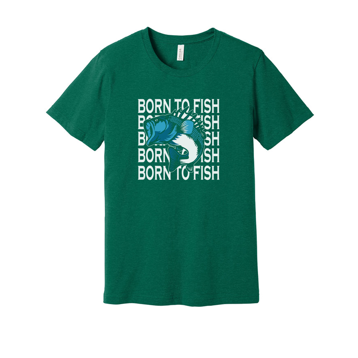 Unisex Fishing Graphic T Shirt With Born To Fish Repeating Text And Blue Angler Fish Illustration