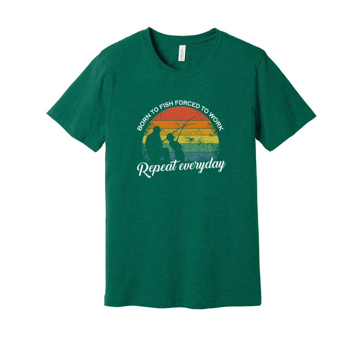 Unisex Fishing Graphic T Shirt With Rainbow Sunset Circle And Born To Fish Forced To Work Repeat Everyday