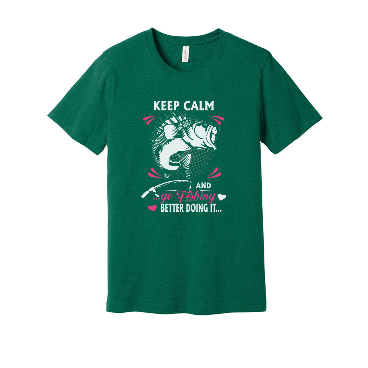Keep Calm And Go Fishing Graphic T Shirt Unisex Short Sleeve With Pink Accent Design