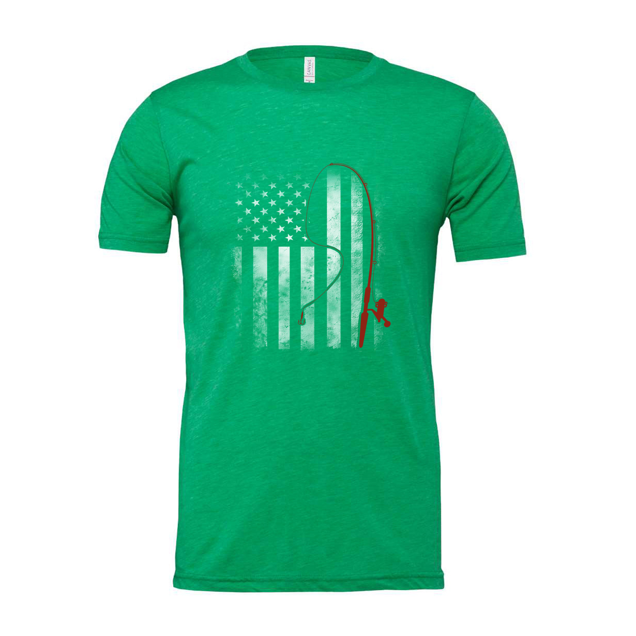 Unisex Fishing T Shirt With Red Fishing Rod Silhouette Over Subtle American Flag Graphic