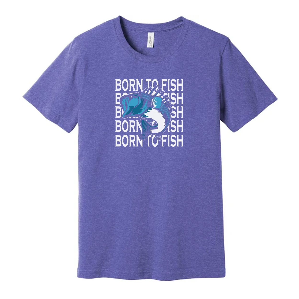 Unisex Fishing Graphic T Shirt With Born To Fish Repeating Text And Blue Angler Fish Illustration