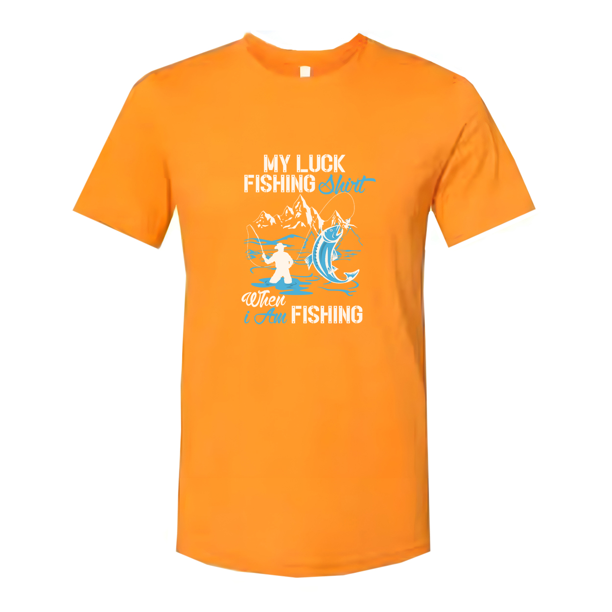Unisex My Luck Fishing Graphic Tee With Mountain Scene And Angler Silhouette Design