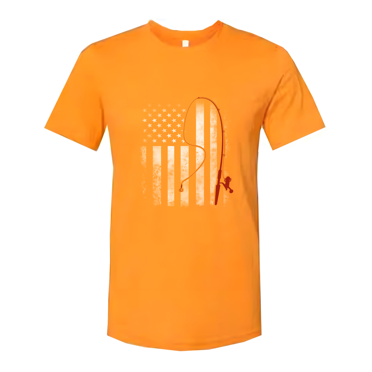 Unisex Fishing T Shirt With Red Fishing Rod Silhouette Over Subtle American Flag Graphic
