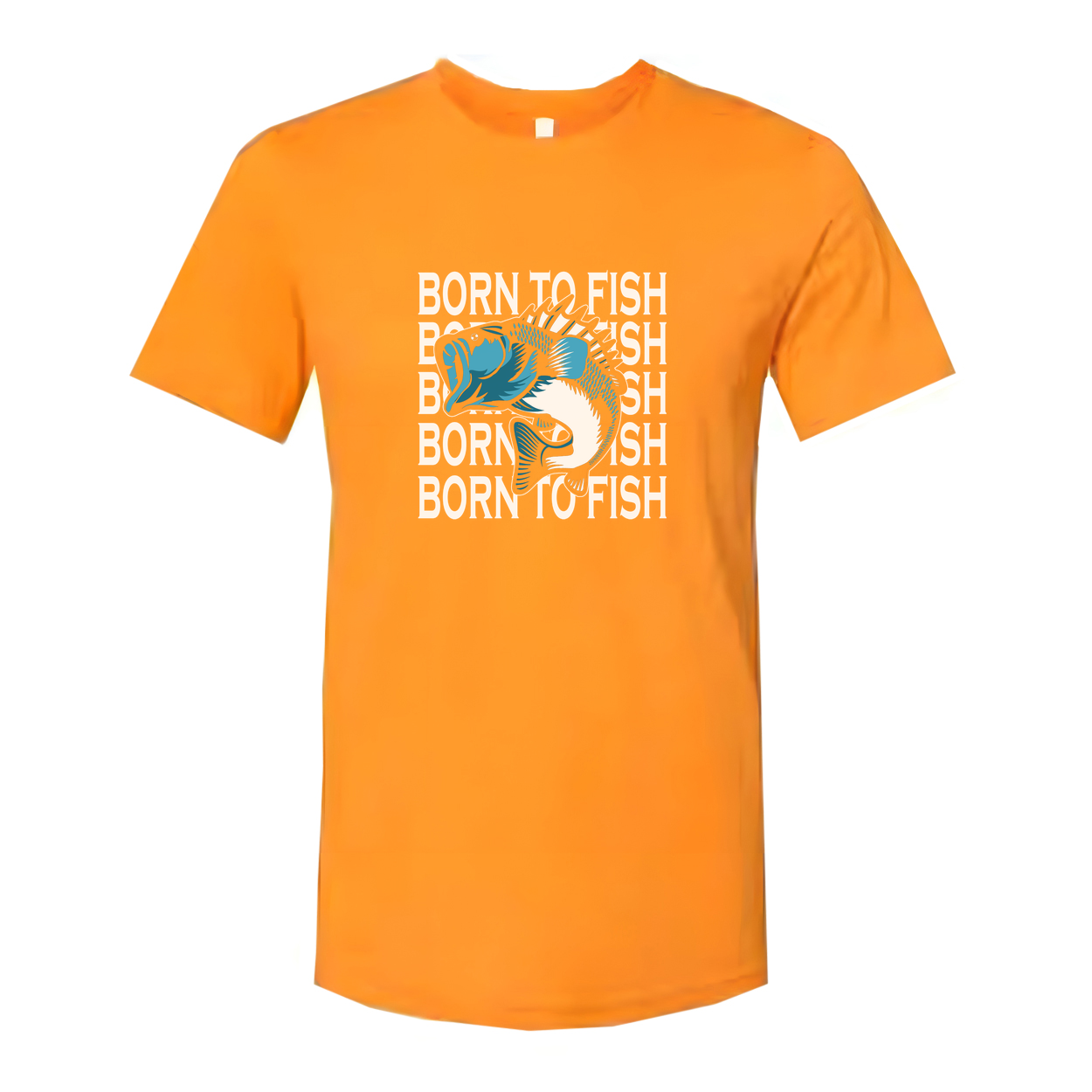 Unisex Fishing Graphic T Shirt With Born To Fish Repeating Text And Blue Angler Fish Illustration