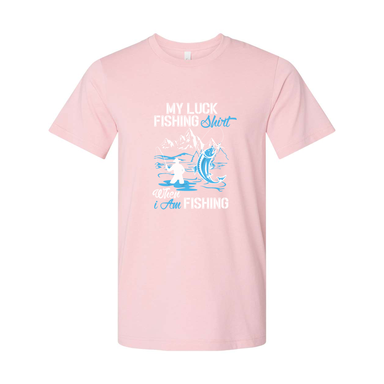 Unisex My Luck Fishing Graphic Tee With Mountain Scene And Angler Silhouette Design