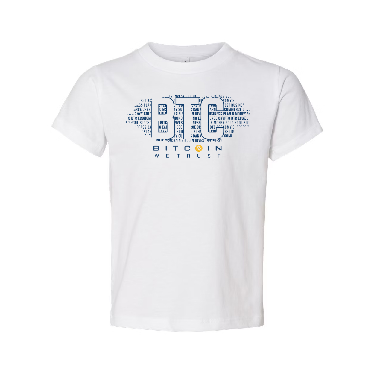 Bitcoin Logo Graphic Unisex T Shirt Featuring Large Blue BTC Typography And We Trust Motto