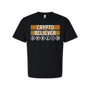 Crypto Believer Unisex Tee Featuring Cryptocurrency Symbols And Striped Panel Graphic