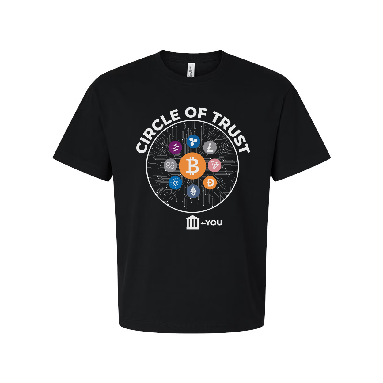 Crypto Circle Of Trust Graphic Tee Featuring Bitcoin And Altcoins For Crypto Enthusiasts