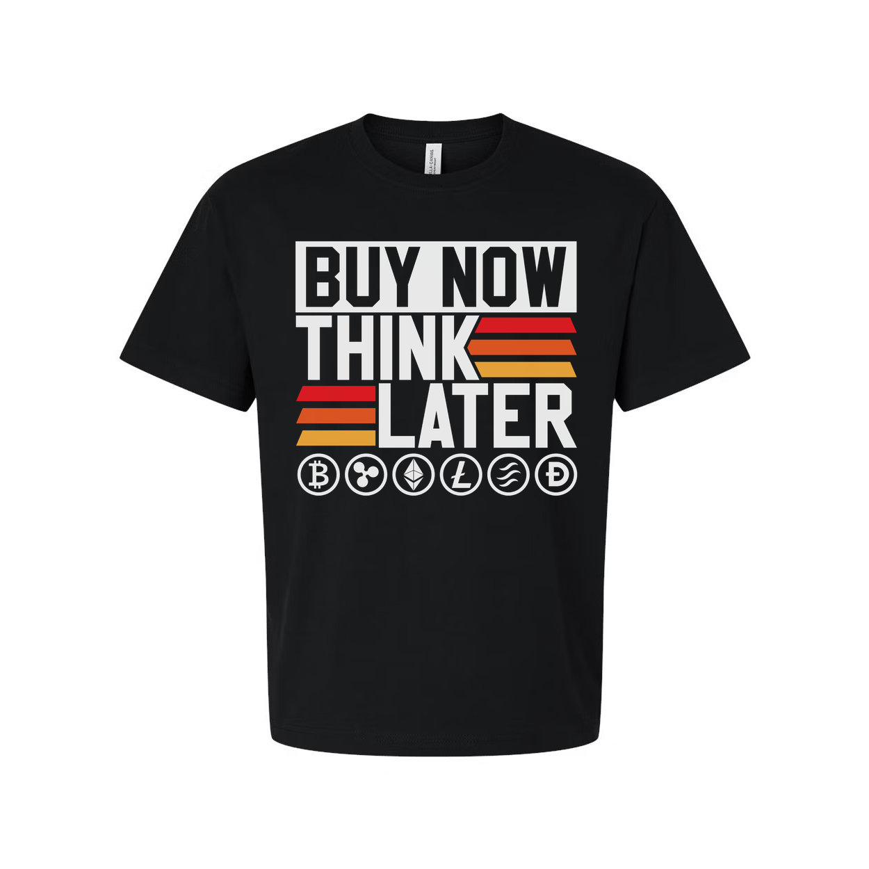 Crypto Unisex Graphic Tee Featuring Buy Now Think Later Design With Crypto Logos