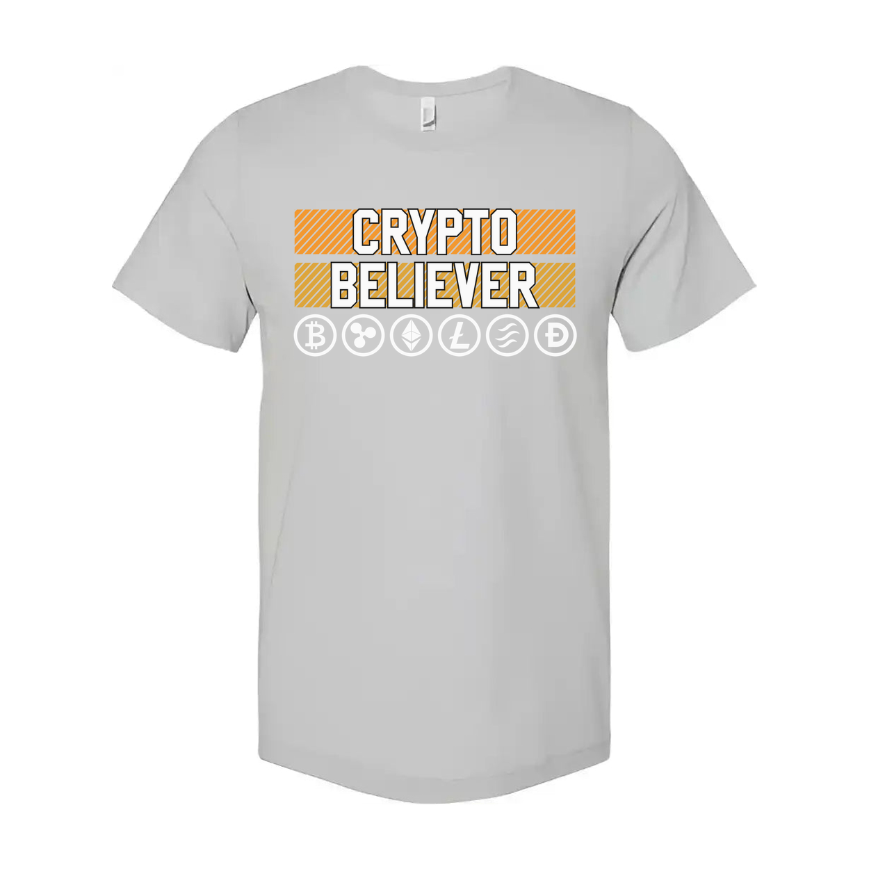 Crypto Believer Unisex Tee Featuring Cryptocurrency Symbols And Striped Panel Graphic