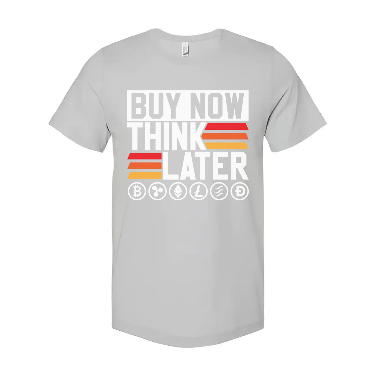 Crypto Unisex Graphic Tee Featuring Buy Now Think Later Design With Crypto Logos