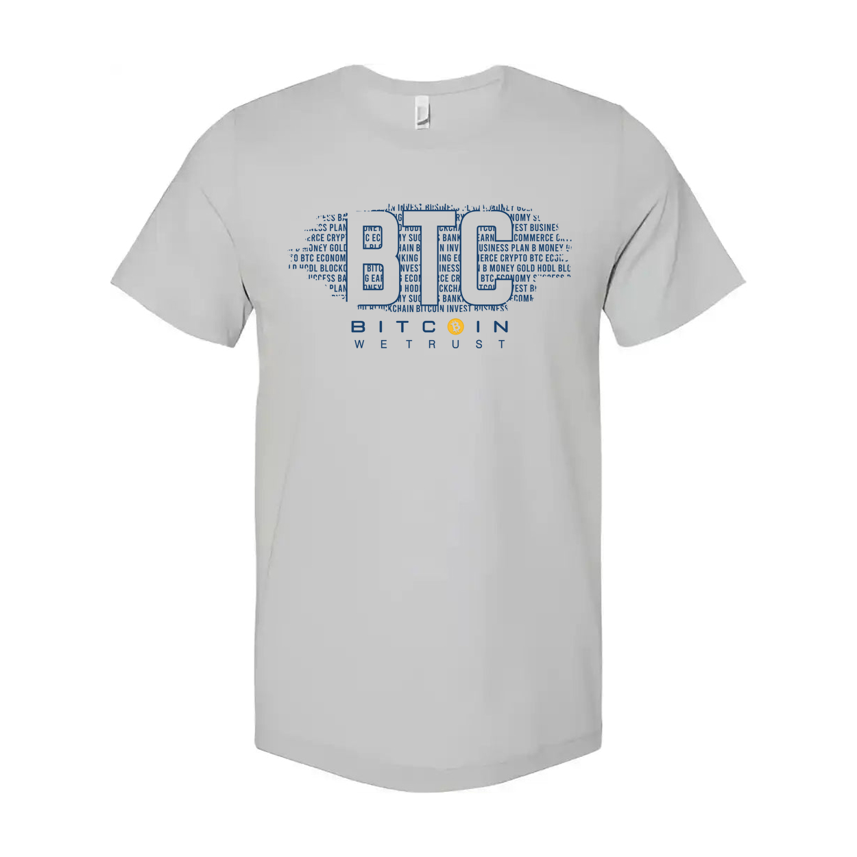 Bitcoin Logo Graphic Unisex T Shirt Featuring Large Blue BTC Typography And We Trust Motto