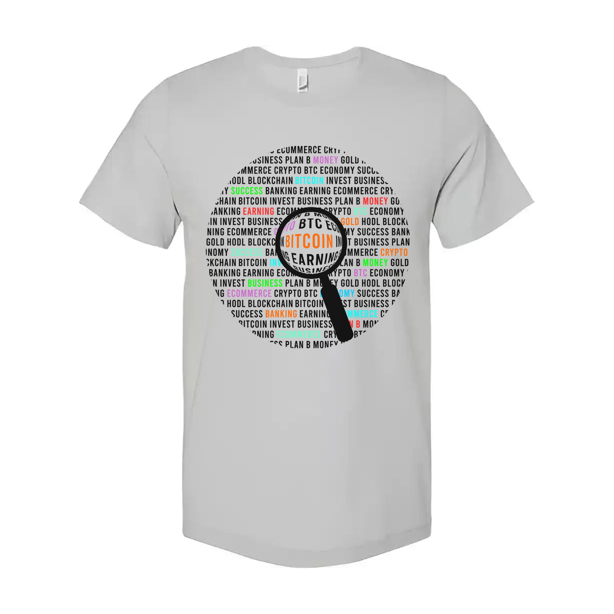 Unisex Crypto Bitcoin Learning Graphic Tee With Magnifying Glass Design For Everyday Wear