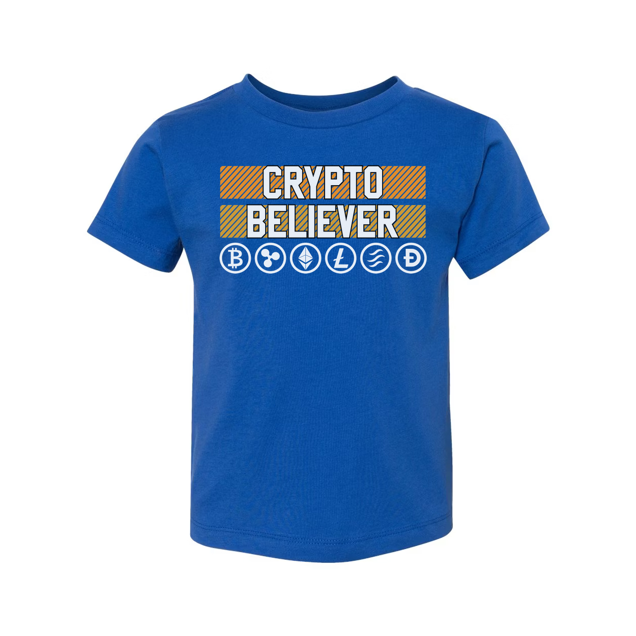 Crypto Believer Unisex Tee Featuring Cryptocurrency Symbols And Striped Panel Graphic