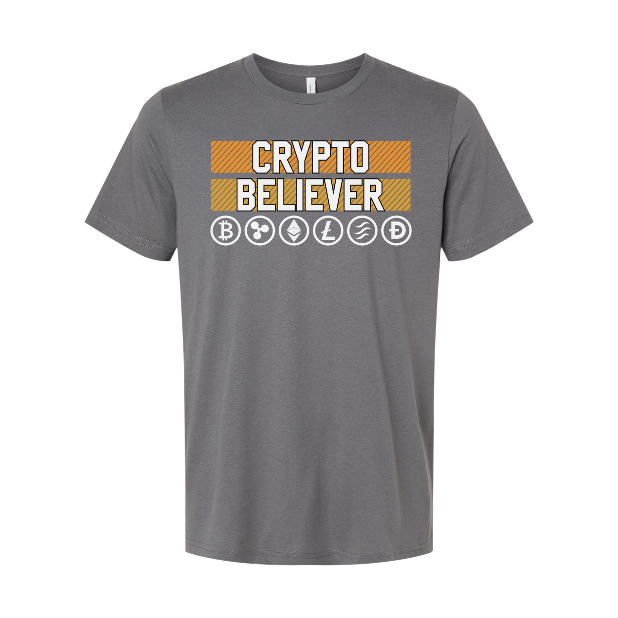 Crypto Believer Unisex Tee Featuring Cryptocurrency Symbols And Striped Panel Graphic