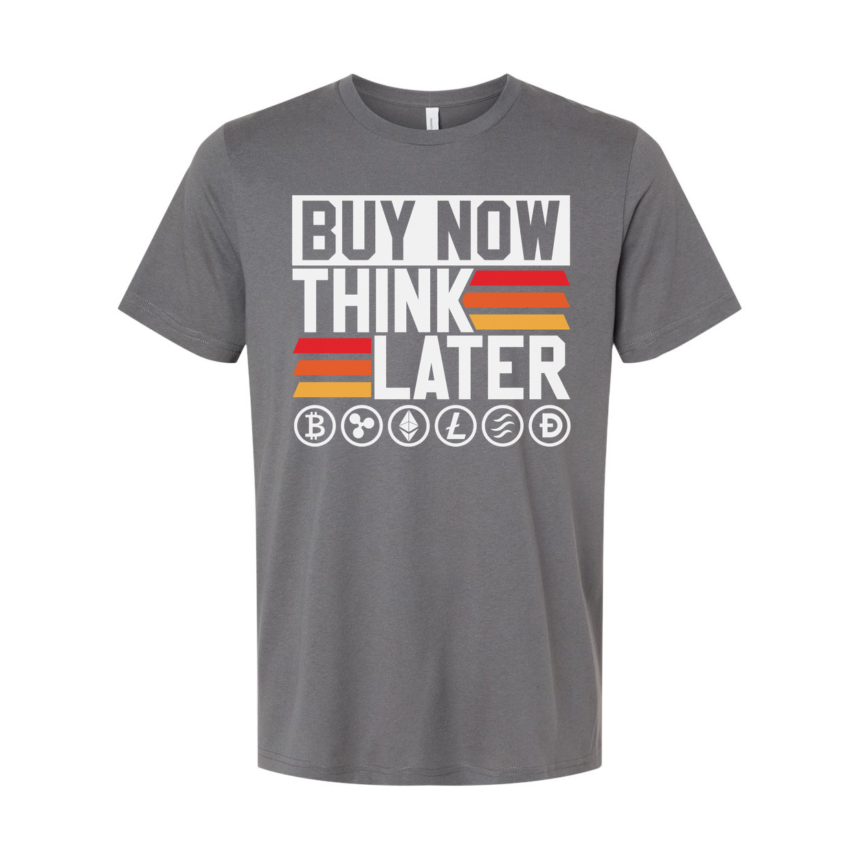 Crypto Unisex Graphic Tee Featuring Buy Now Think Later Design With Crypto Logos