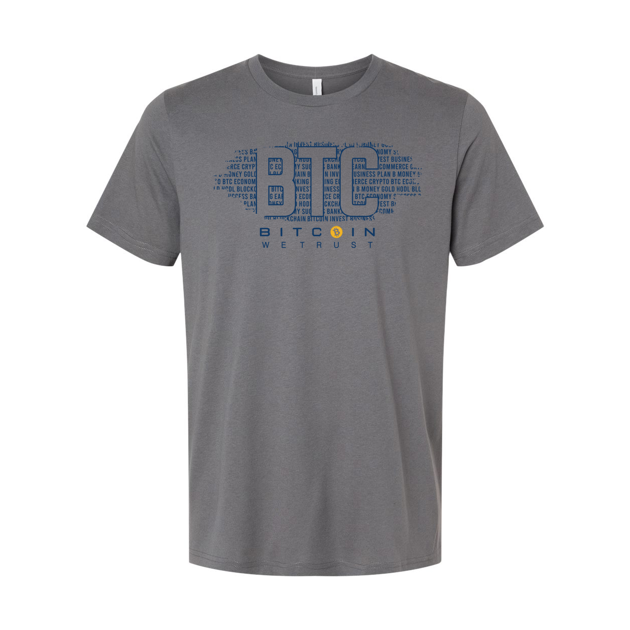 Bitcoin Logo Graphic Unisex T Shirt Featuring Large Blue BTC Typography And We Trust Motto