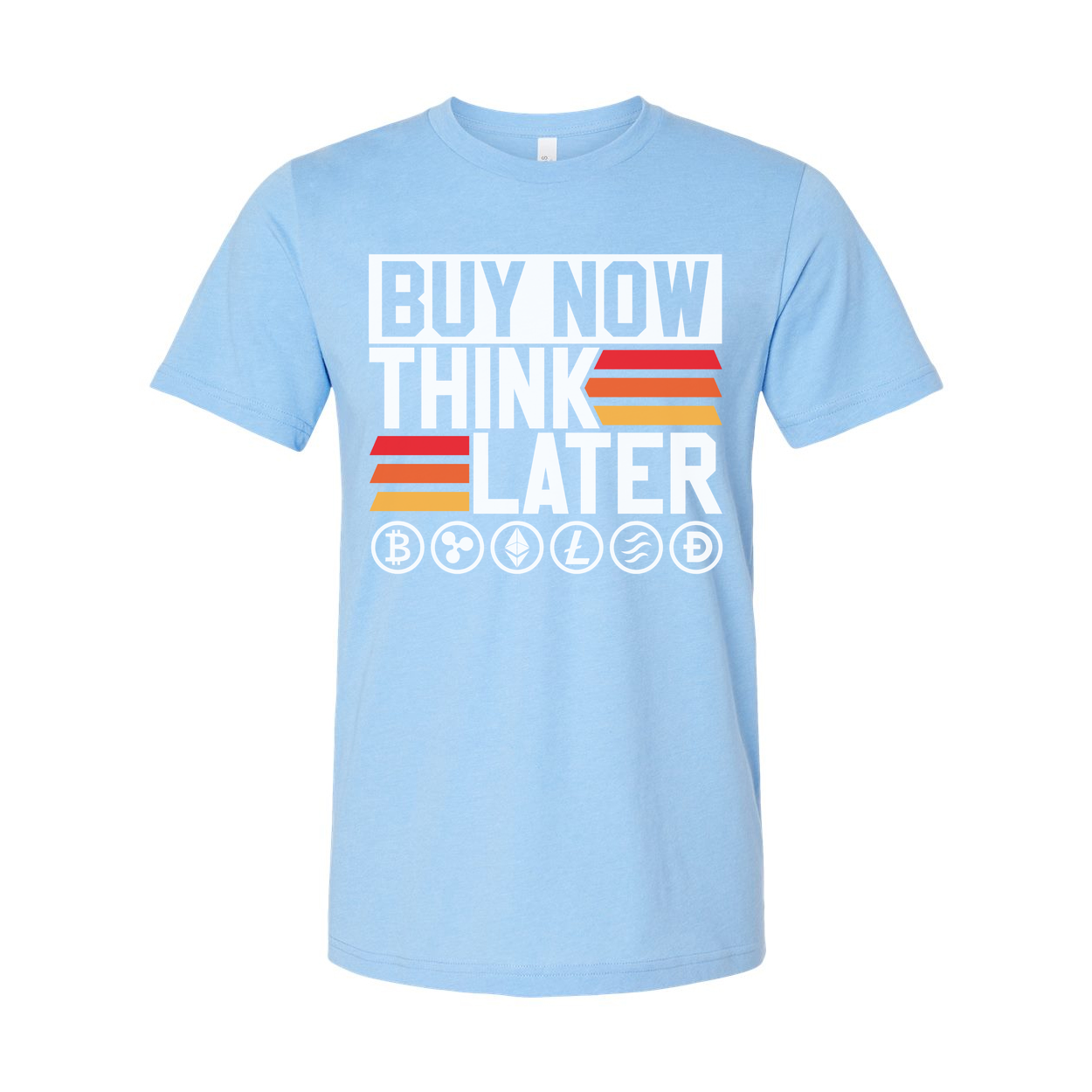Crypto Unisex Graphic Tee Featuring Buy Now Think Later Design With Crypto Logos