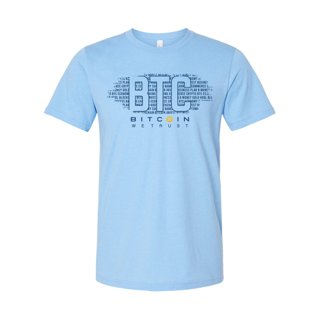 Bitcoin Logo Graphic Unisex T Shirt Featuring Large Blue BTC Typography And We Trust Motto