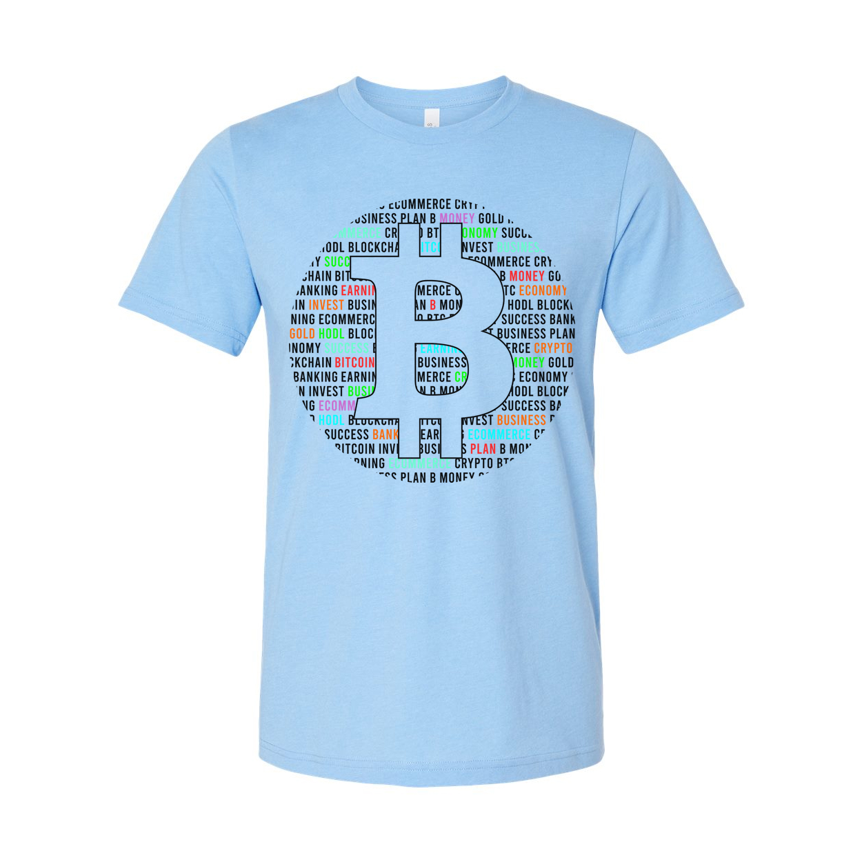 Unisex Bitcoin Logo T Shirt With Colorful Word Cloud Design For Crypto Enthusiasts