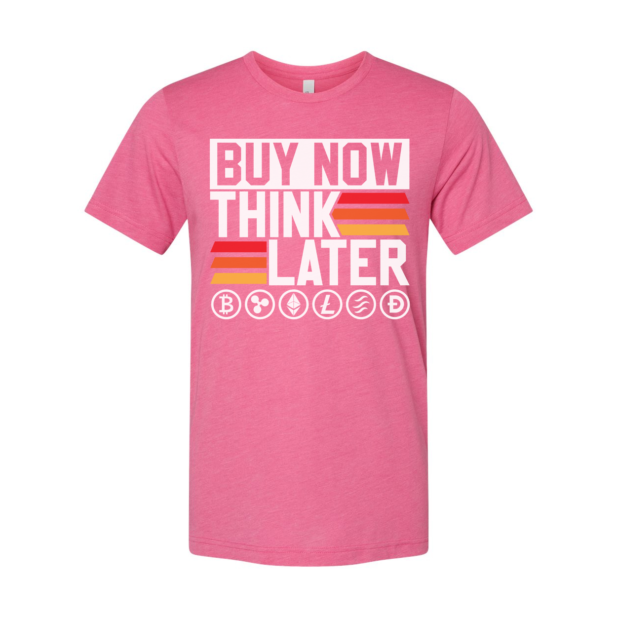 Crypto Unisex Graphic Tee Featuring Buy Now Think Later Design With Crypto Logos