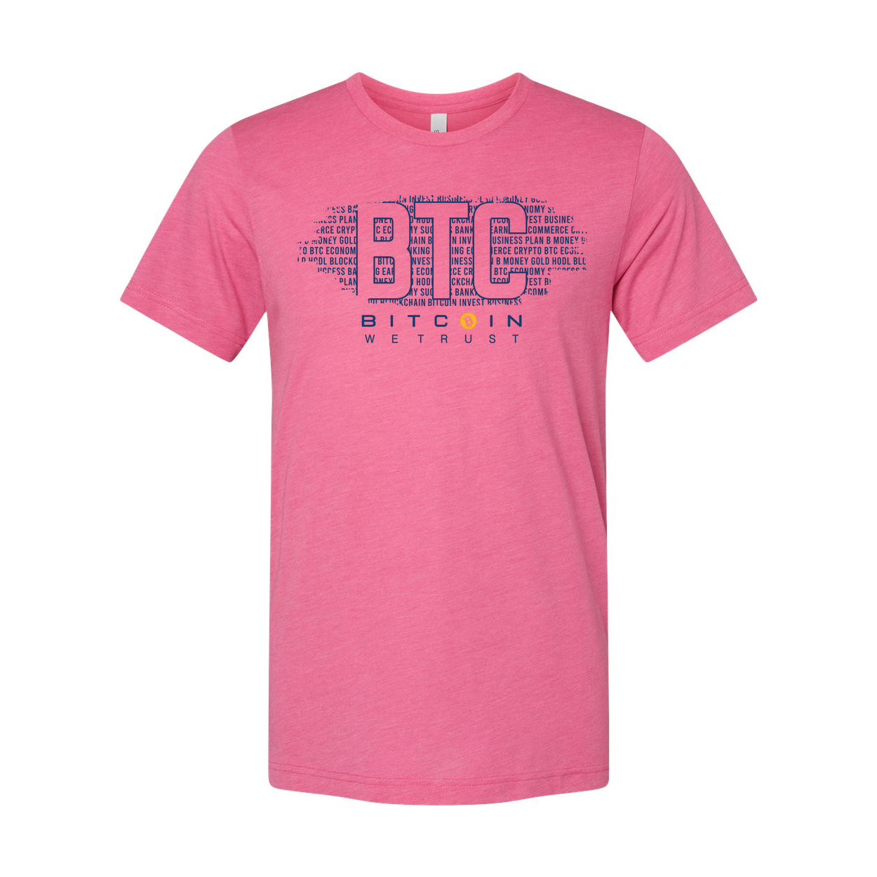 Bitcoin Logo Graphic Unisex T Shirt Featuring Large Blue BTC Typography And We Trust Motto