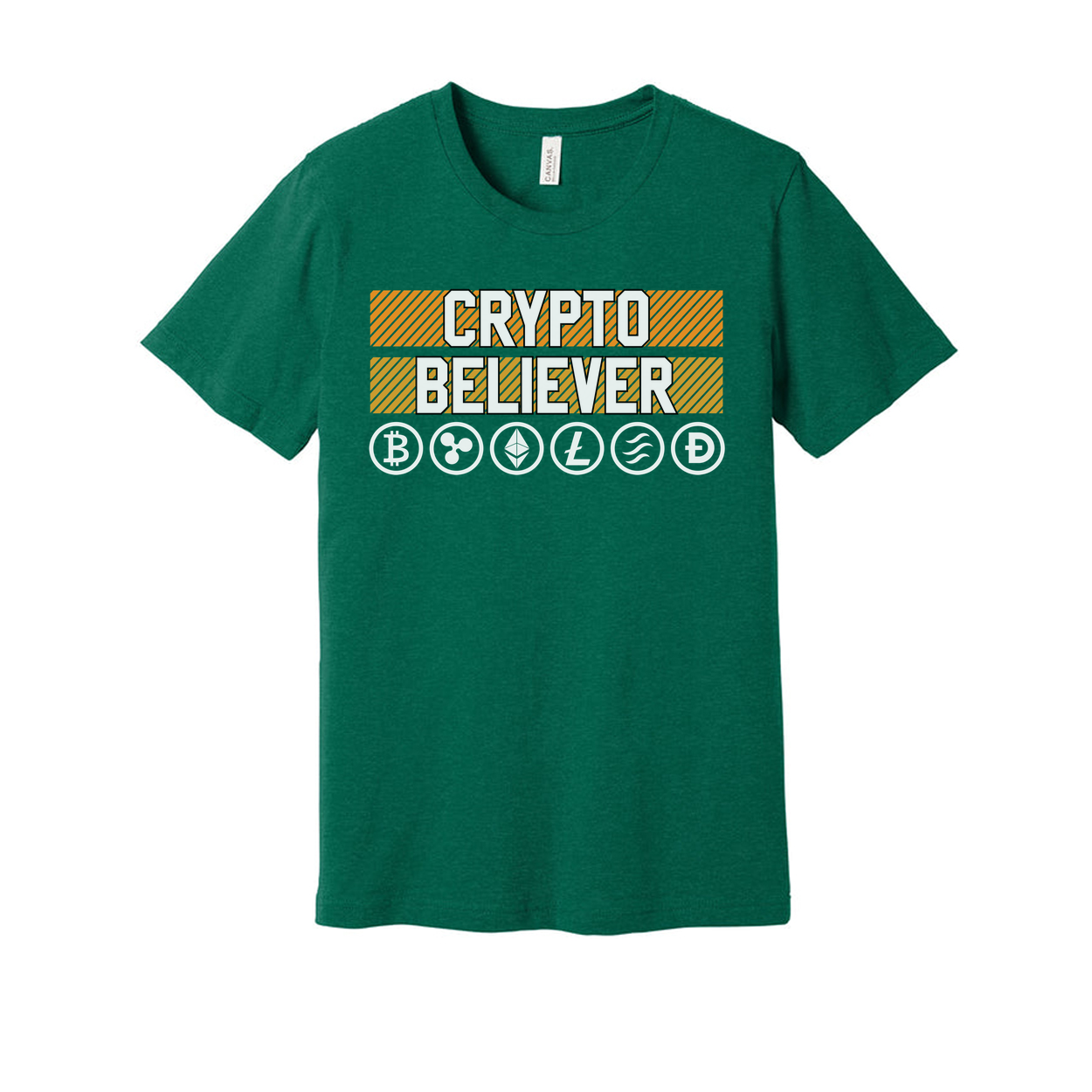 Crypto Believer Unisex Tee Featuring Cryptocurrency Symbols And Striped Panel Graphic