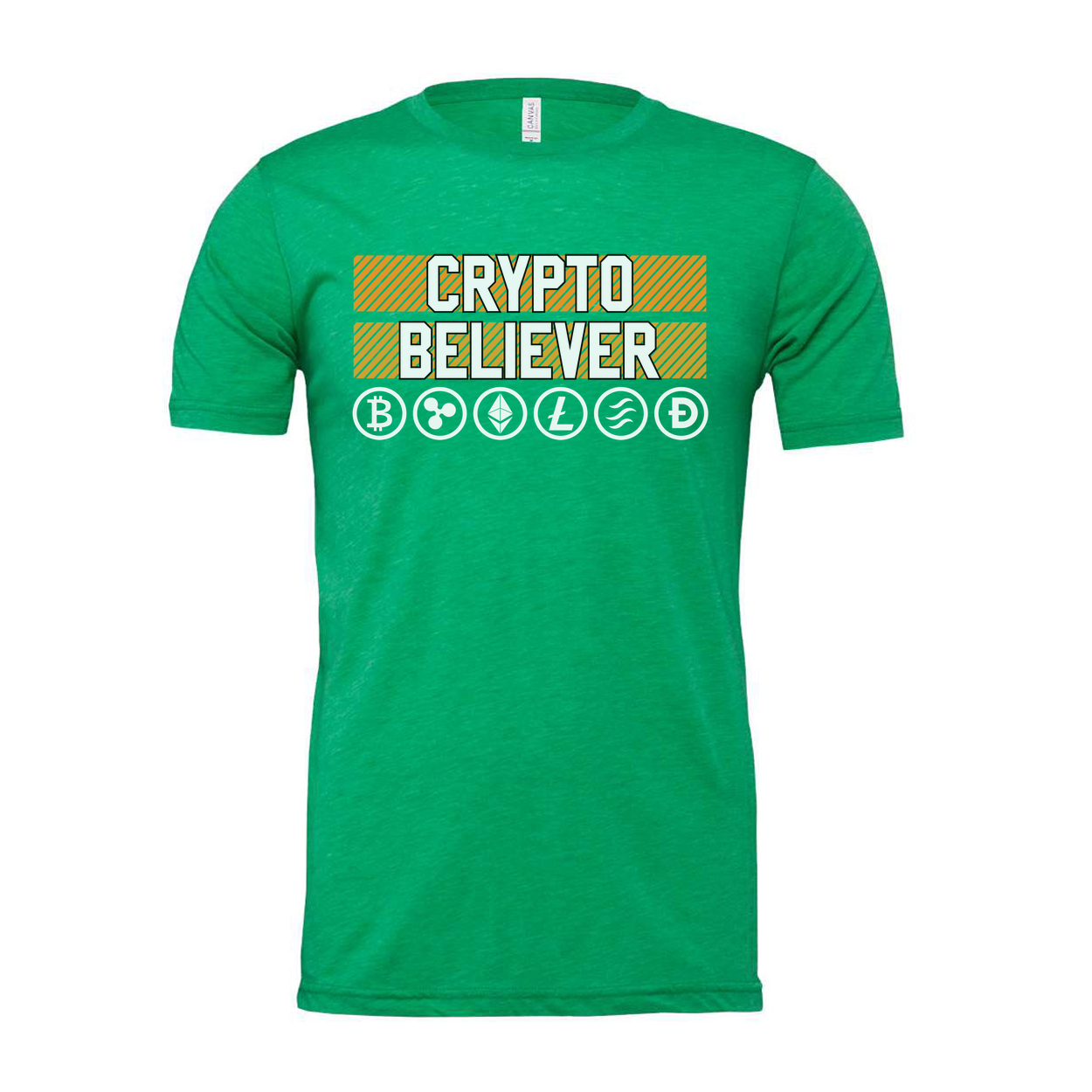 Crypto Believer Unisex Tee Featuring Cryptocurrency Symbols And Striped Panel Graphic