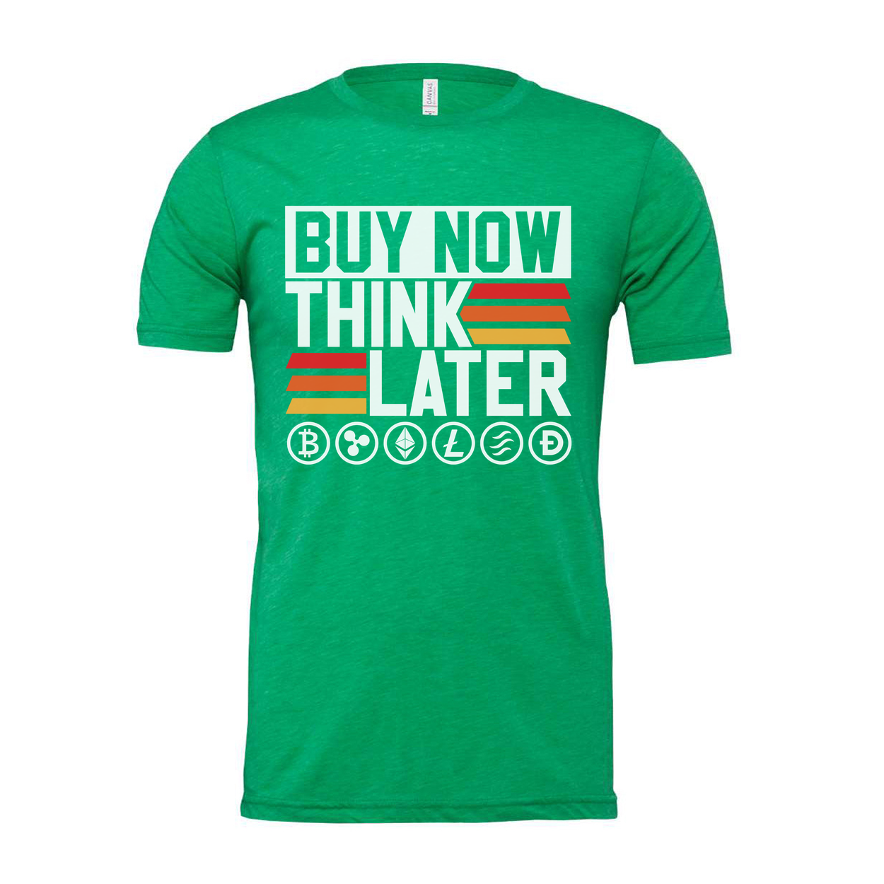 Crypto Unisex Graphic Tee Featuring Buy Now Think Later Design With Crypto Logos