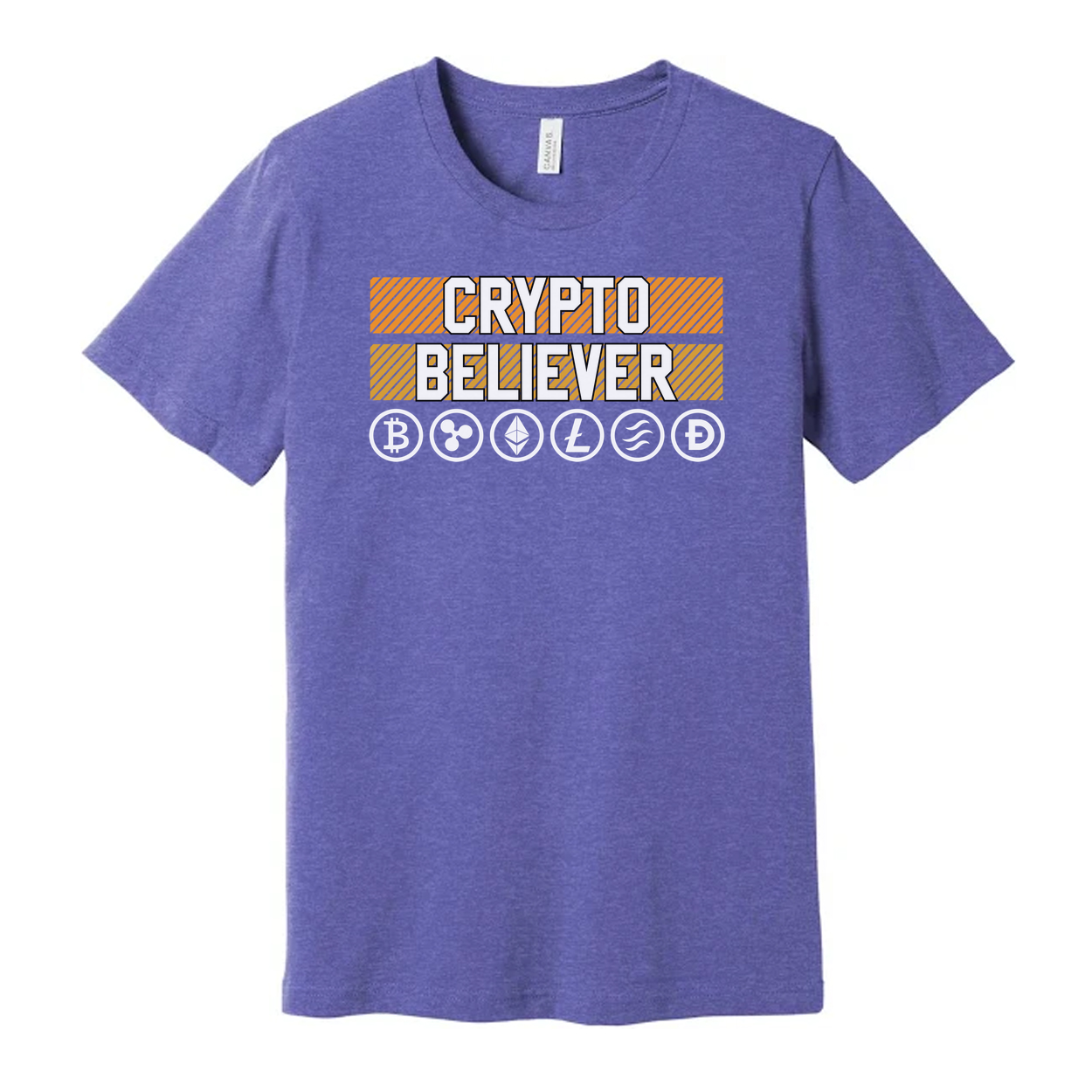 Crypto Believer Unisex Tee Featuring Cryptocurrency Symbols And Striped Panel Graphic