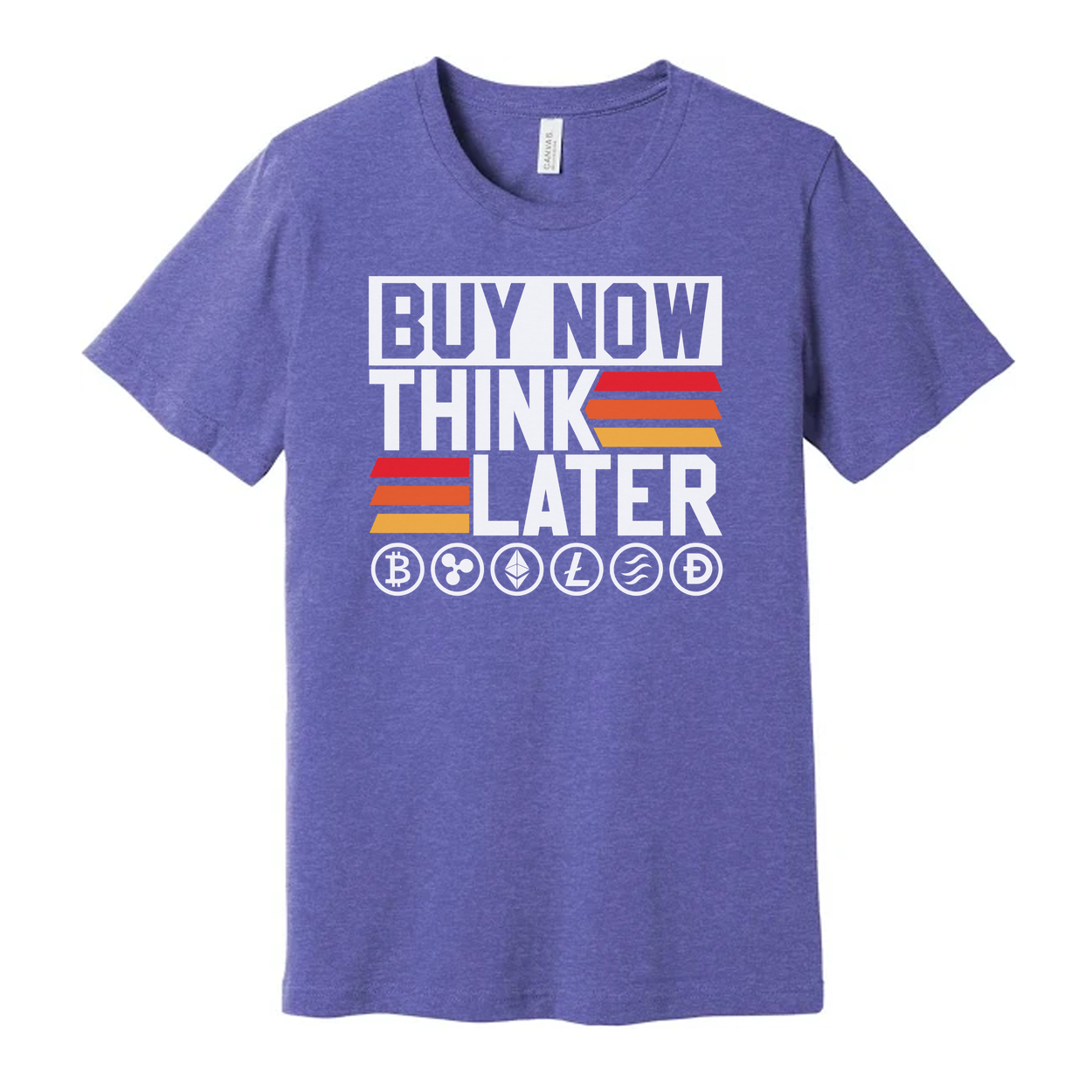 Crypto Unisex Graphic Tee Featuring Buy Now Think Later Design With Crypto Logos