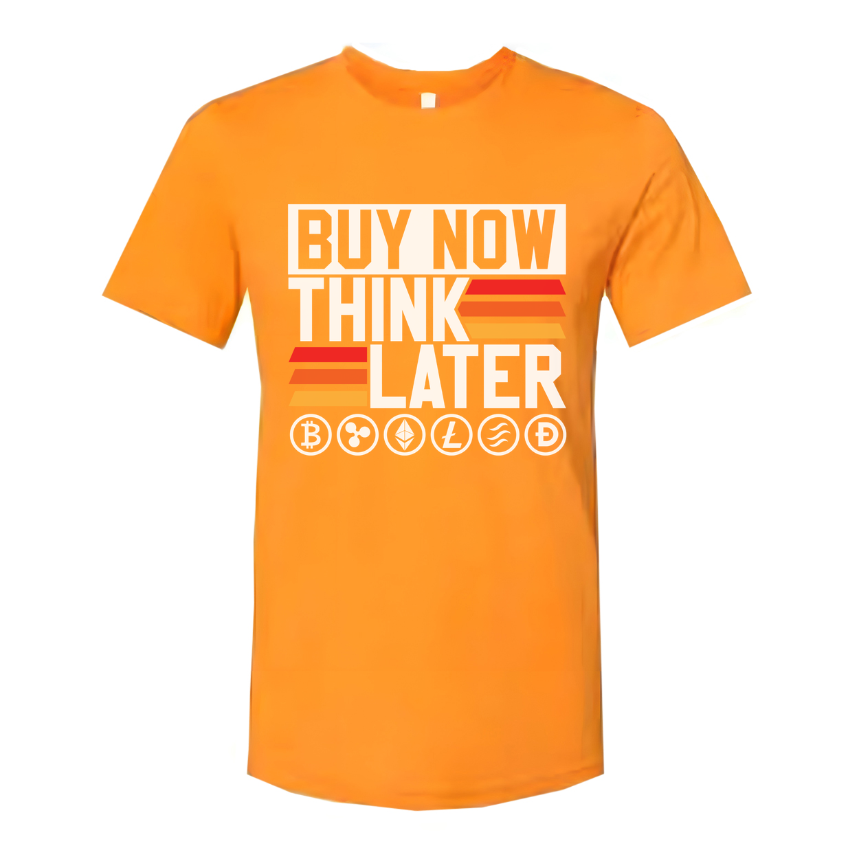 Crypto Unisex Graphic Tee Featuring Buy Now Think Later Design With Crypto Logos