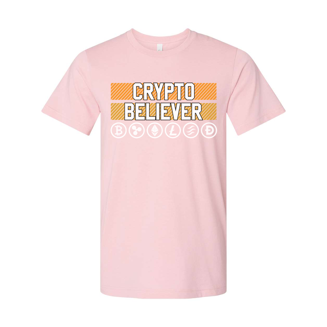 Crypto Believer Unisex Tee Featuring Cryptocurrency Symbols And Striped Panel Graphic