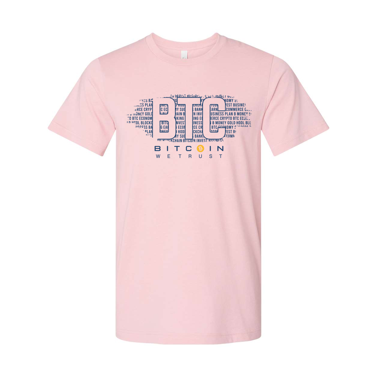 Bitcoin Logo Graphic Unisex T Shirt Featuring Large Blue BTC Typography And We Trust Motto