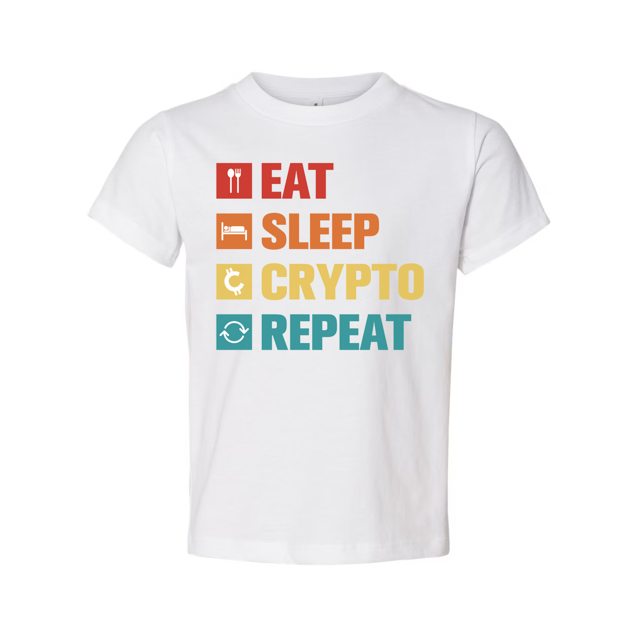 Eat Sleep Crypto Repeat Unisex Graphic Tee With Colorful Blockchain Iconography for Crypto Enthusiasts