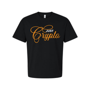 Crypto Logo In Orange Script On Unisex T Shirt Casual Wear With Elegant Cursive Typography Design