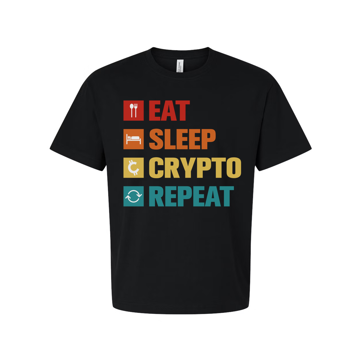 Eat Sleep Crypto Repeat Unisex Graphic Tee With Colorful Blockchain Iconography for Crypto Enthusiasts