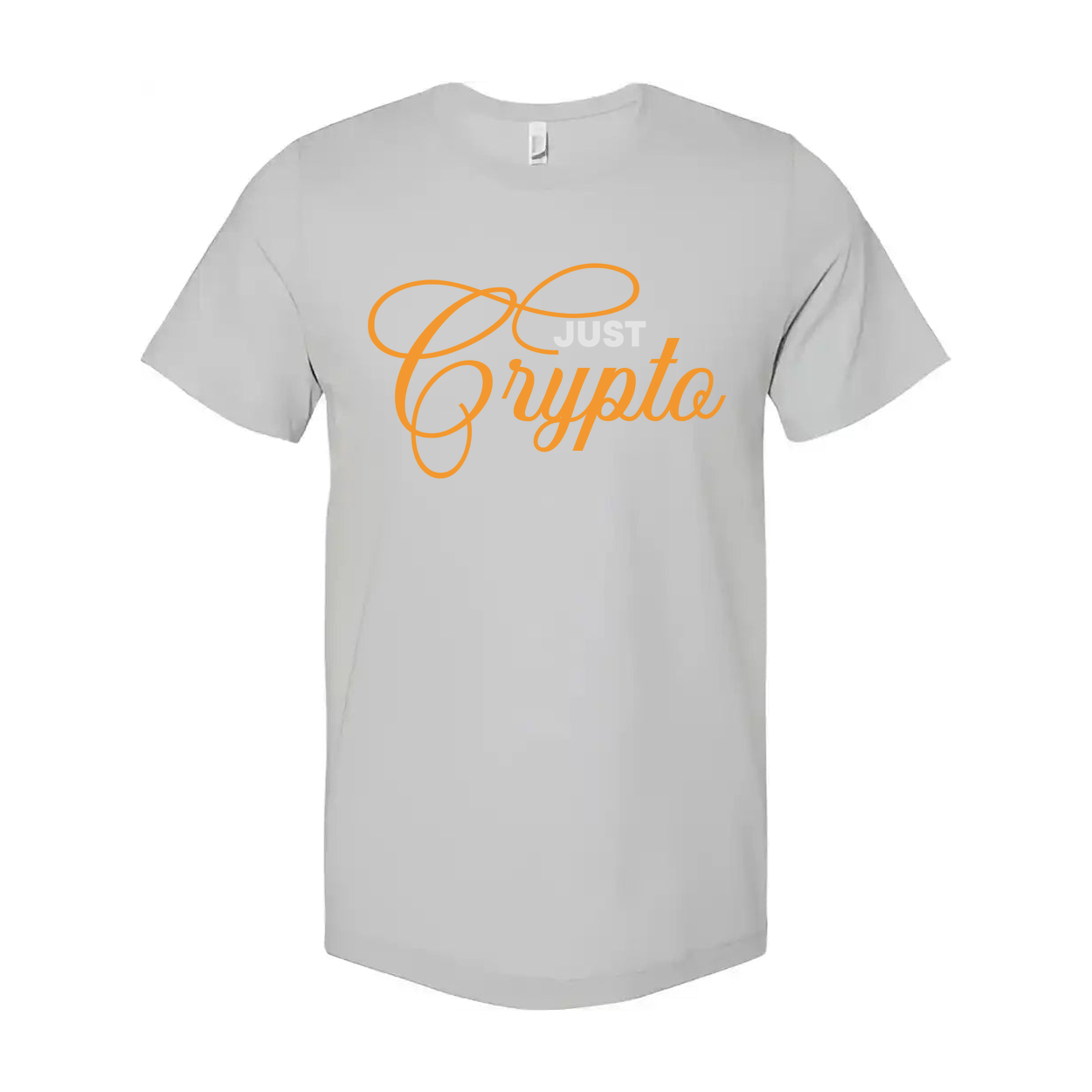 Crypto Logo In Orange Script On Unisex T Shirt Casual Wear With Elegant Cursive Typography Design
