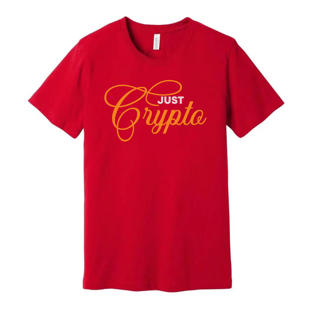 Crypto Logo In Orange Script On Unisex T Shirt Casual Wear With Elegant Cursive Typography Design