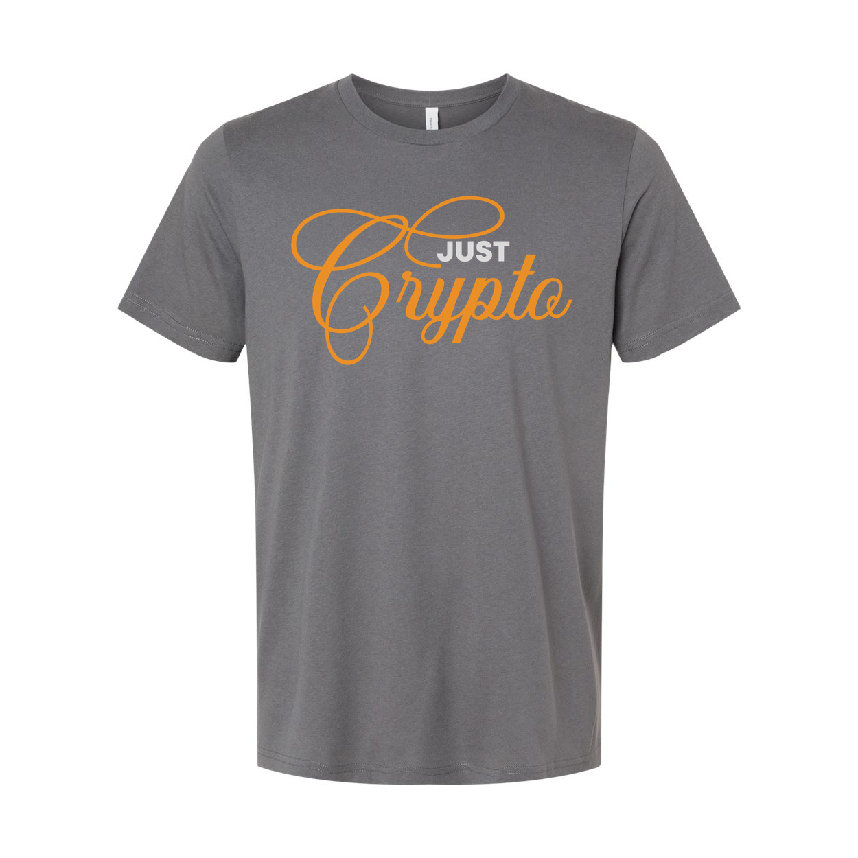 Crypto Logo In Orange Script On Unisex T Shirt Casual Wear With Elegant Cursive Typography Design