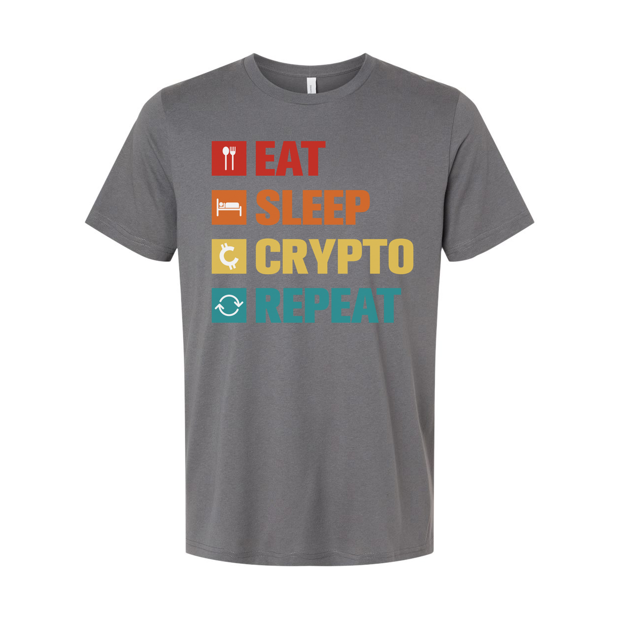 Eat Sleep Crypto Repeat Unisex Graphic Tee With Colorful Blockchain Iconography for Crypto Enthusiasts