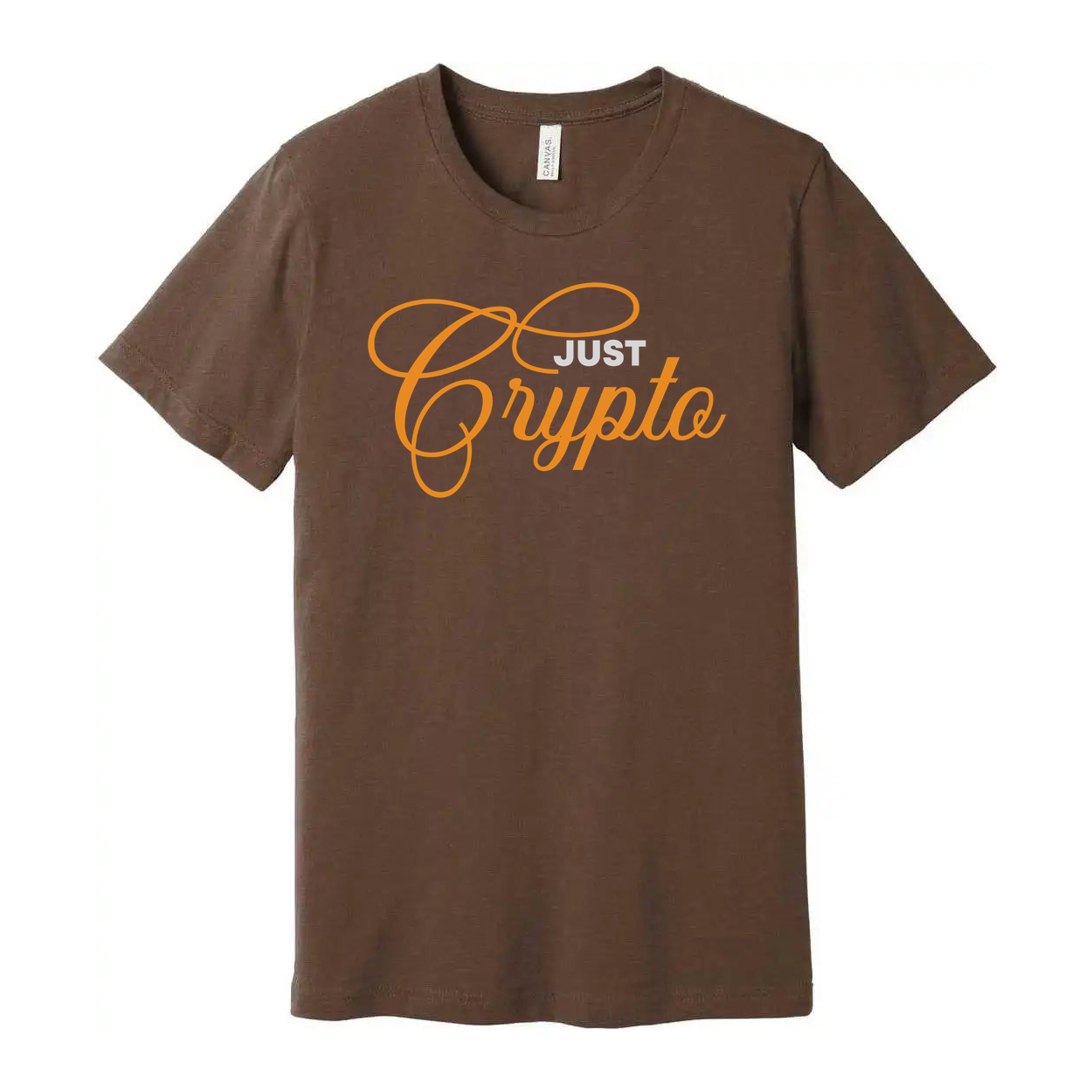 Crypto Logo In Orange Script On Unisex T Shirt Casual Wear With Elegant Cursive Typography Design
