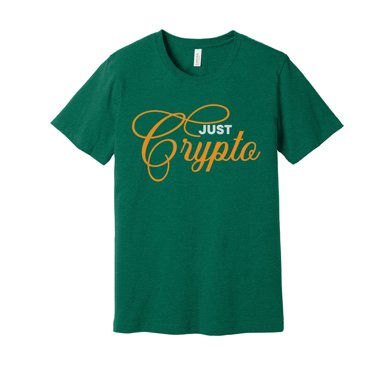 Crypto Logo In Orange Script On Unisex T Shirt Casual Wear With Elegant Cursive Typography Design