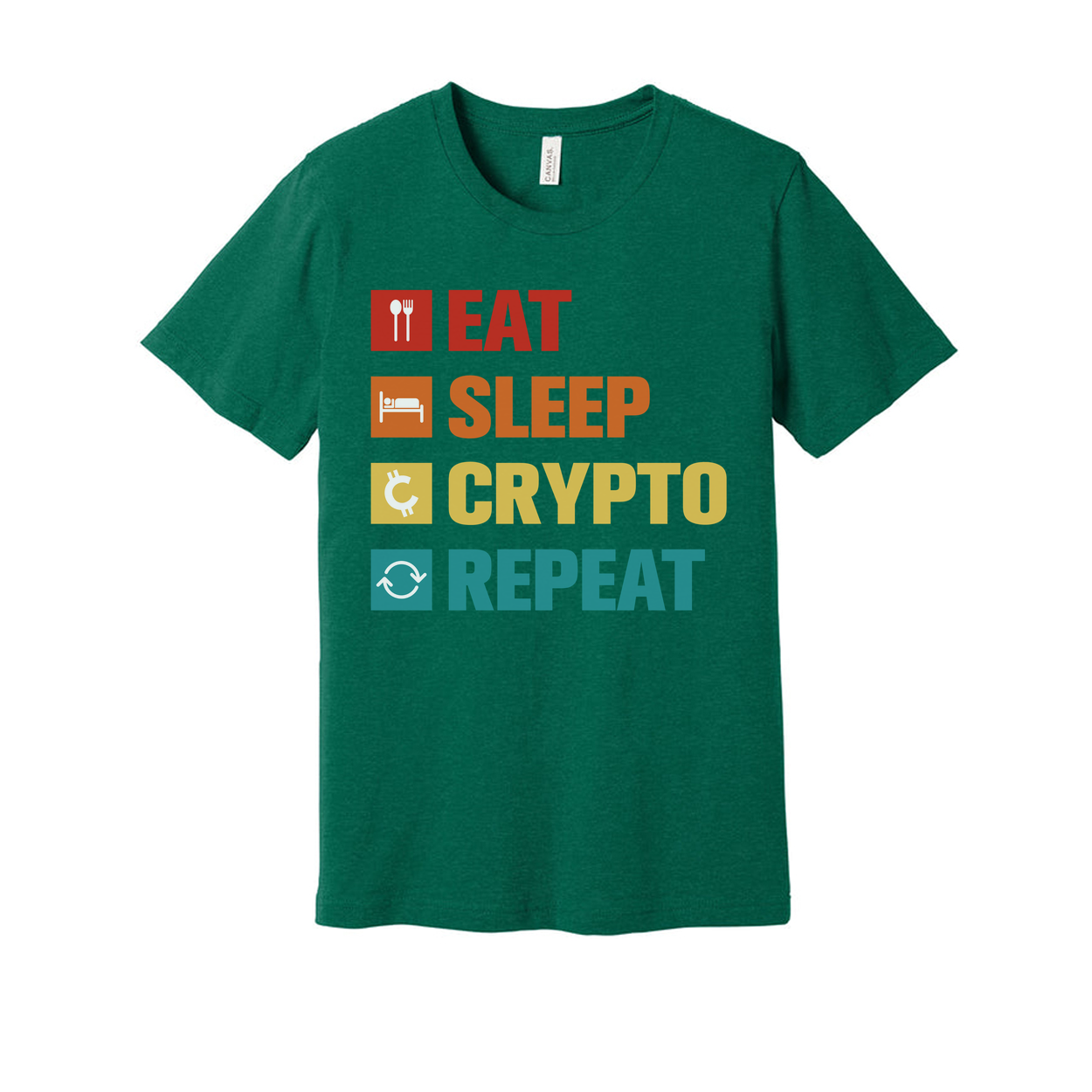 Eat Sleep Crypto Repeat Unisex Graphic Tee With Colorful Blockchain Iconography for Crypto Enthusiasts