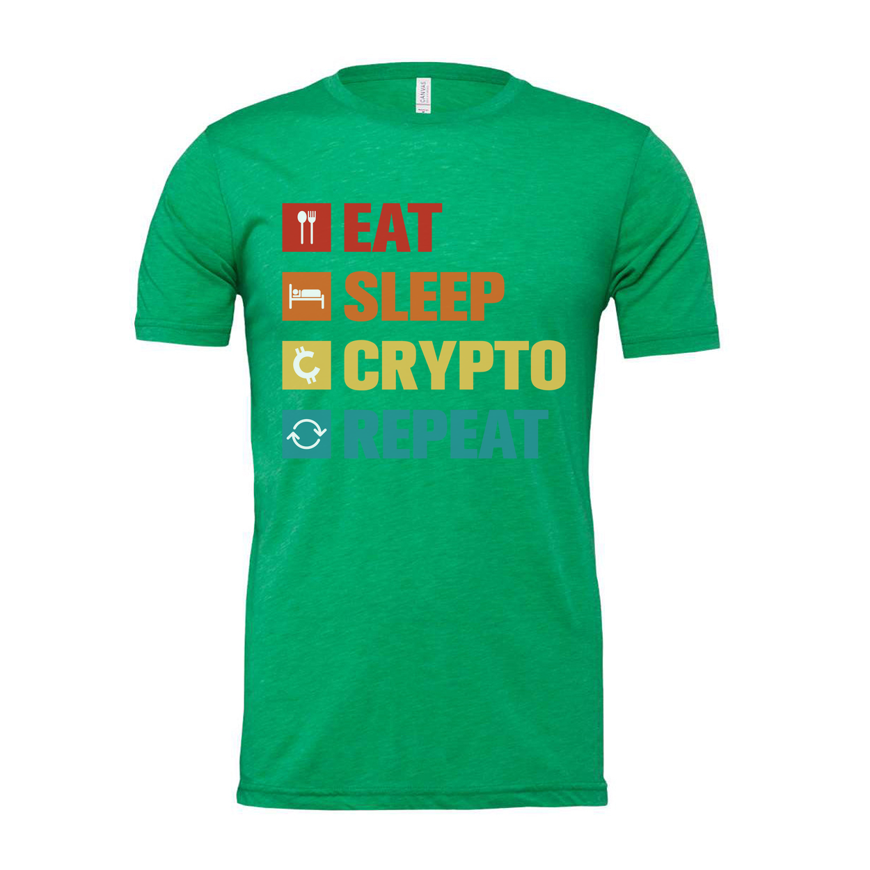 Eat Sleep Crypto Repeat Unisex Graphic Tee With Colorful Blockchain Iconography for Crypto Enthusiasts