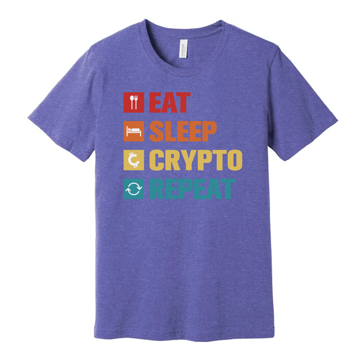 Eat Sleep Crypto Repeat Unisex Graphic Tee With Colorful Blockchain Iconography for Crypto Enthusiasts