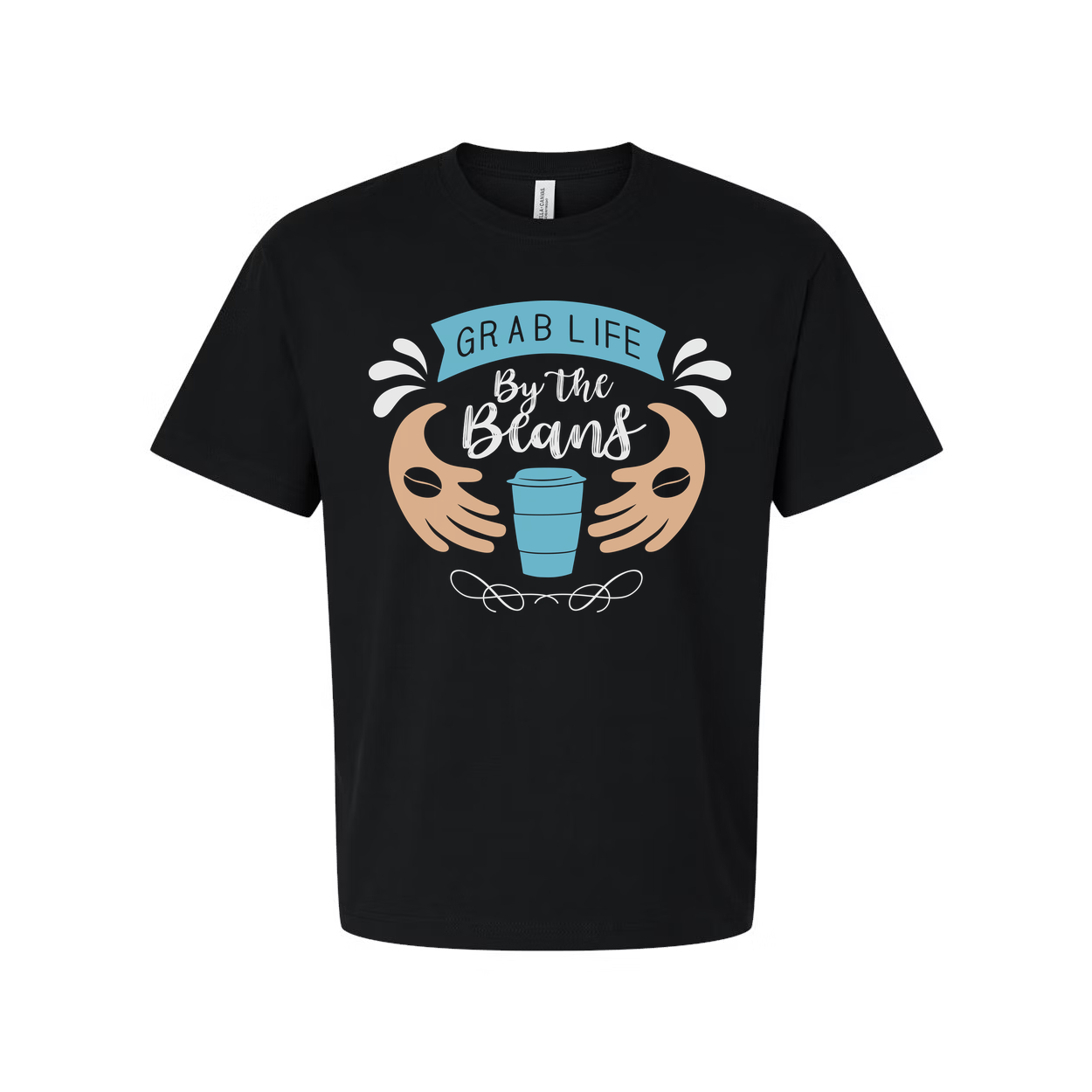 Unisex Coffee Theme Tee Featuring Grab Life By The Beans Illustration With Cup Motif
